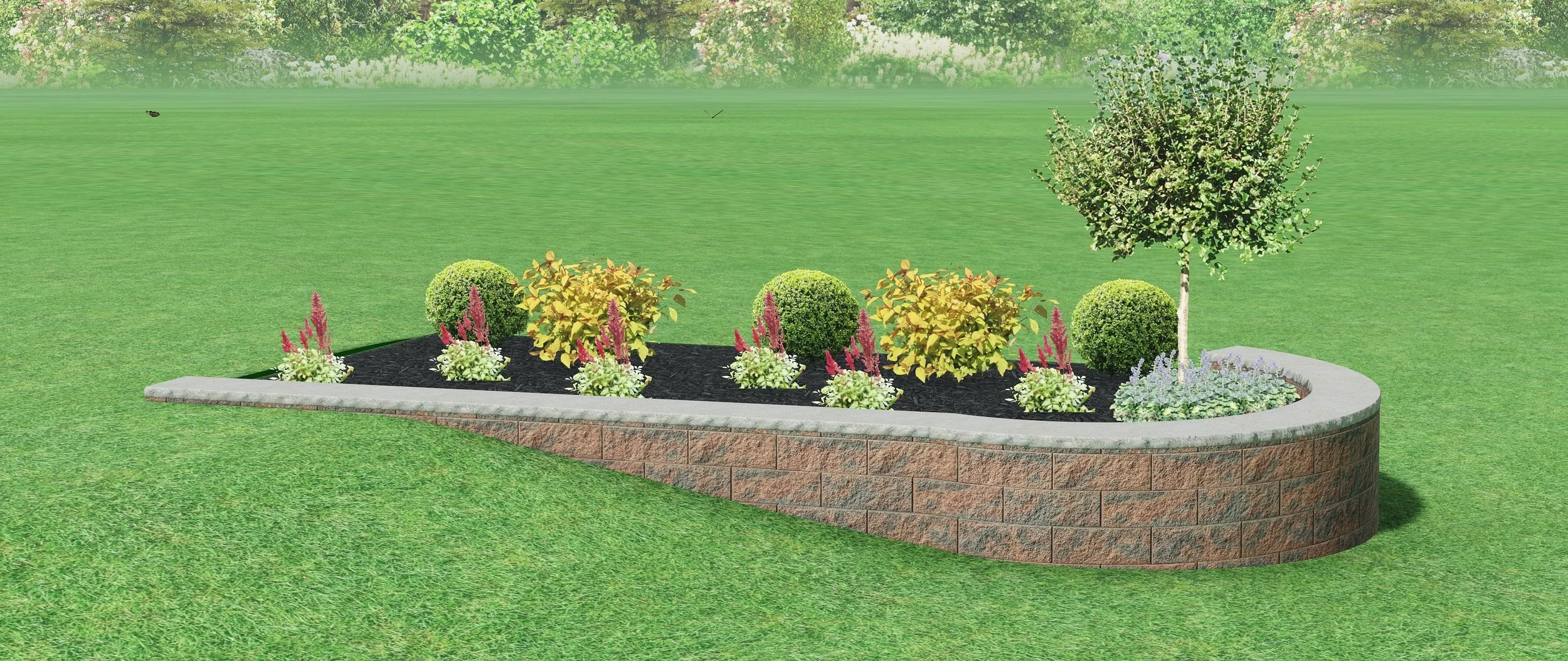 A landscaped garden bed with a curved brick wall, containing various shrubs and flowering plants, surrounded by a large grassy lawn.