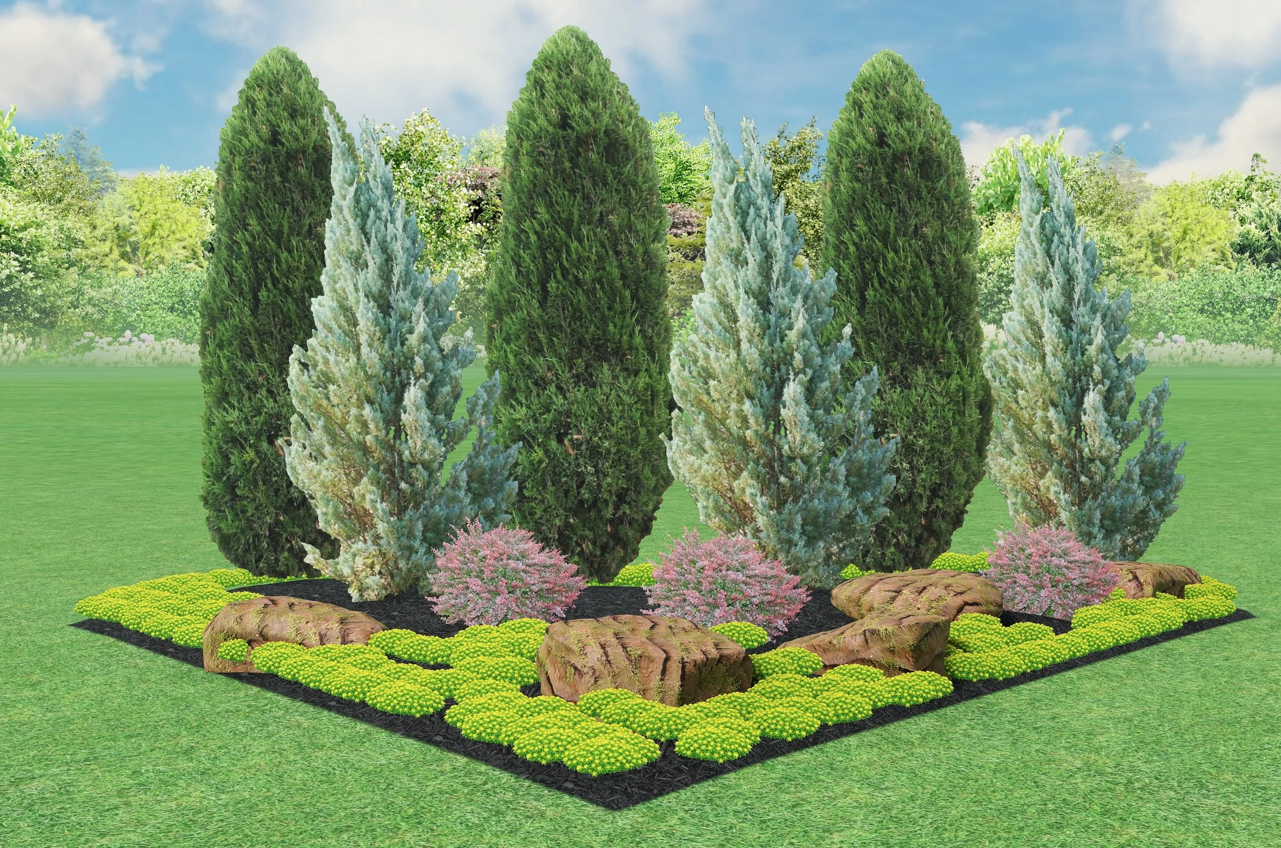 Artificial garden center landscape with assorted trees, shrubs, and rocks on a grassy lawn under a daytime sky.