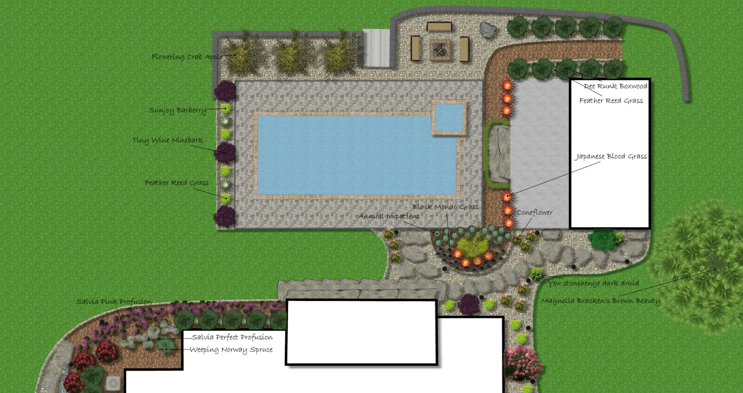 Garden landscape design featuring a swimming pool, surrounding gravel and stone pathways, various flowering plants and trees, and outdoor seating areas.