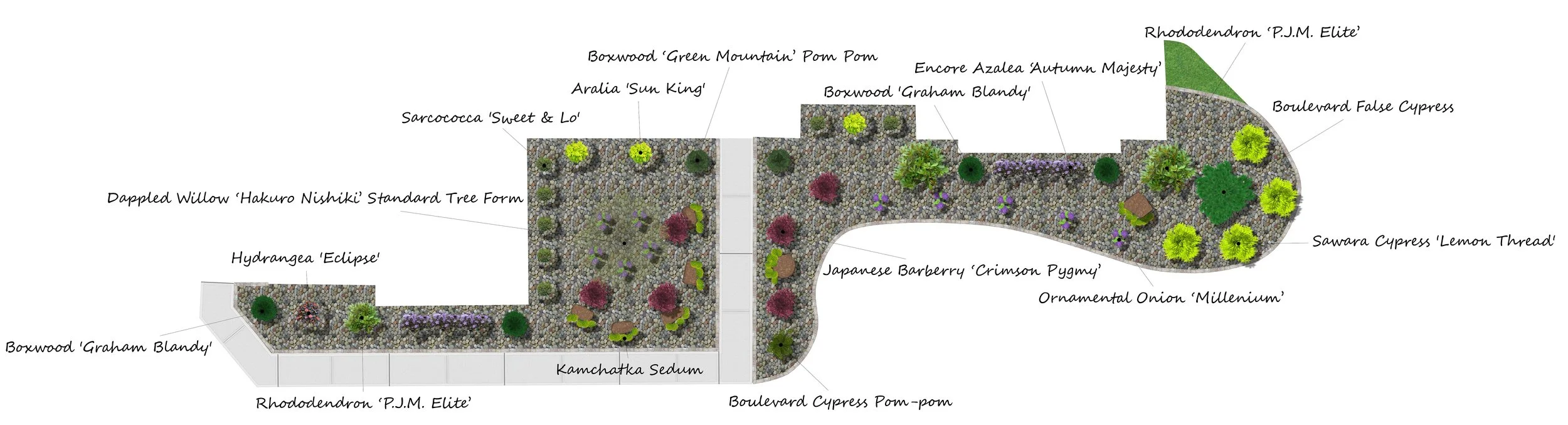 This is a detailed garden layout plan with various labeled plant groupings and design elements, including different types of trees, shrubs, and ornamental plants, along with pathways and border features.