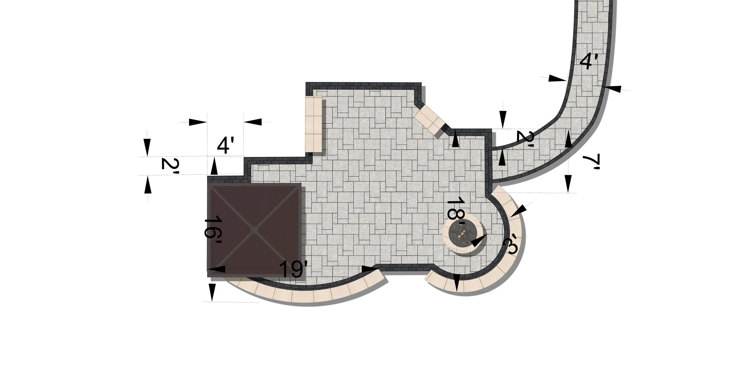 Top view of a detailed landscape architectural plan showing paved areas, curved walkways, a square patio, and a small circular feature, with measurements in feet.