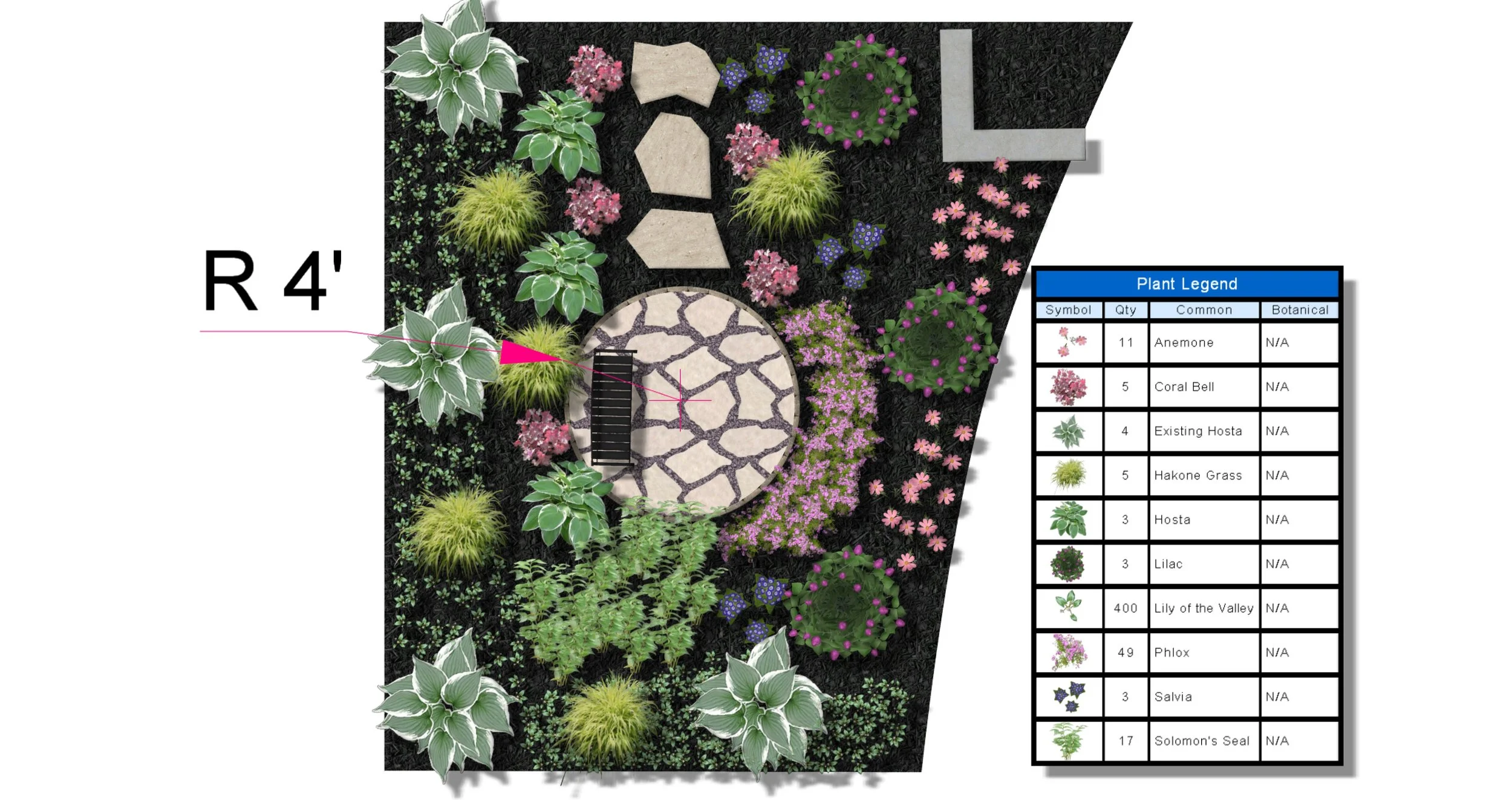 Top-down view of a landscaped garden with various plants, a stone pathway, and rocks, along with a plant legend chart on the right side.