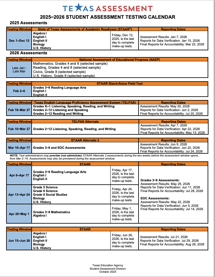 2025-2026 TEA          Testing Calendar