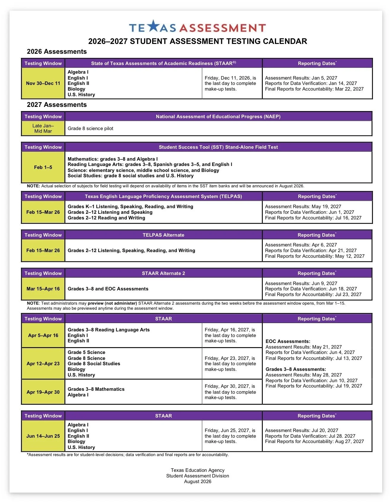 2026-2027 TEA Testing Calendar
