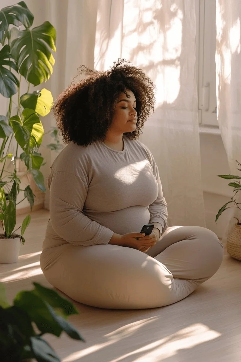 A woman sits peacefully in a sunlit room surrounded by lush plants, eyes closed, grounding herself through breath, body awareness, and presence. A calm, supportive space for embodied healing and somatic trauma therapy in California.