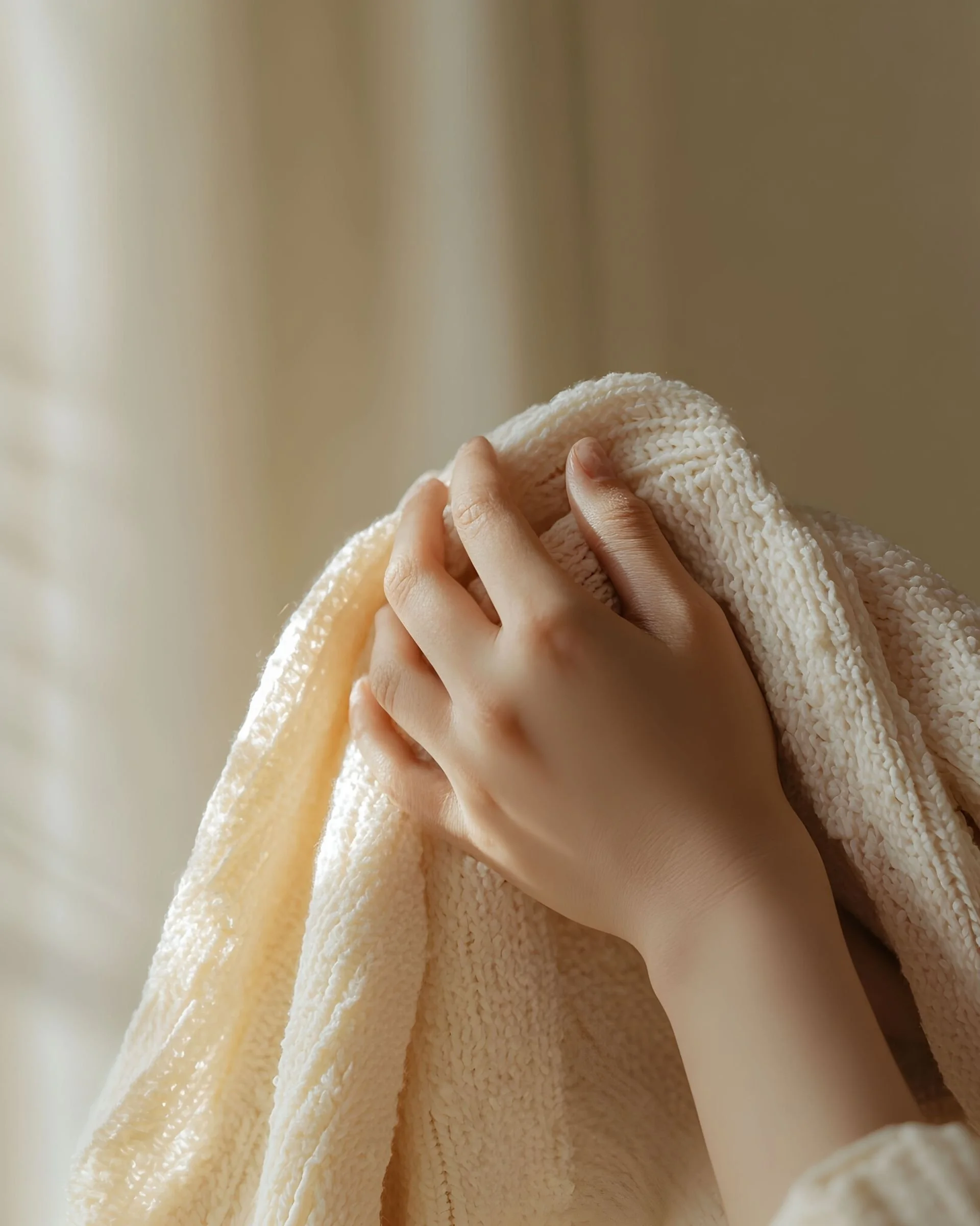 Close-up of a hand gently holding a soft, textured blanket, symbolizing comfort, safety, and a trauma-informed, attachment-based approach.