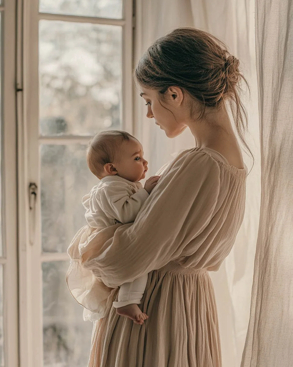 Mother holding newborn baby by window, reflecting postpartum transition and relationship changes after baby in California