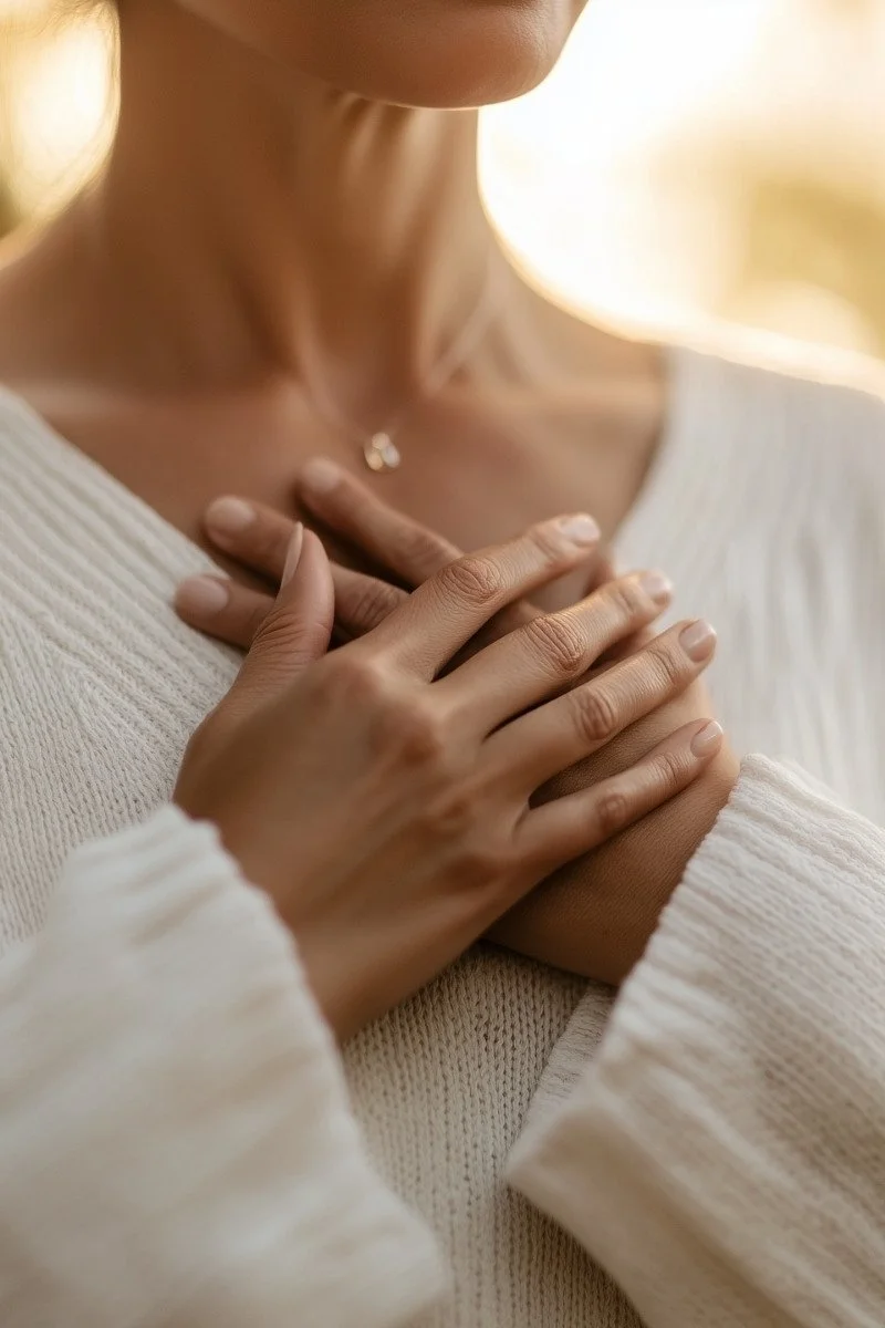 A close-up of a woman gently crossing her hands over her chest in the butterfly tap position—a calming bilateral stimulation technique used in EMDR therapy in California for trauma healing and nervous system regulation.