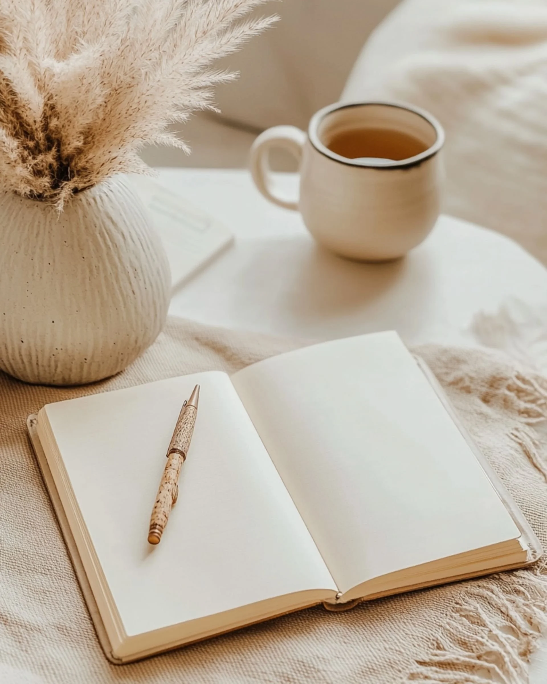 Open journal with a pen, a warm cup of tea, and dried pampas grass on a soft neutral background, representing reflection and evidence-based mind approaches.