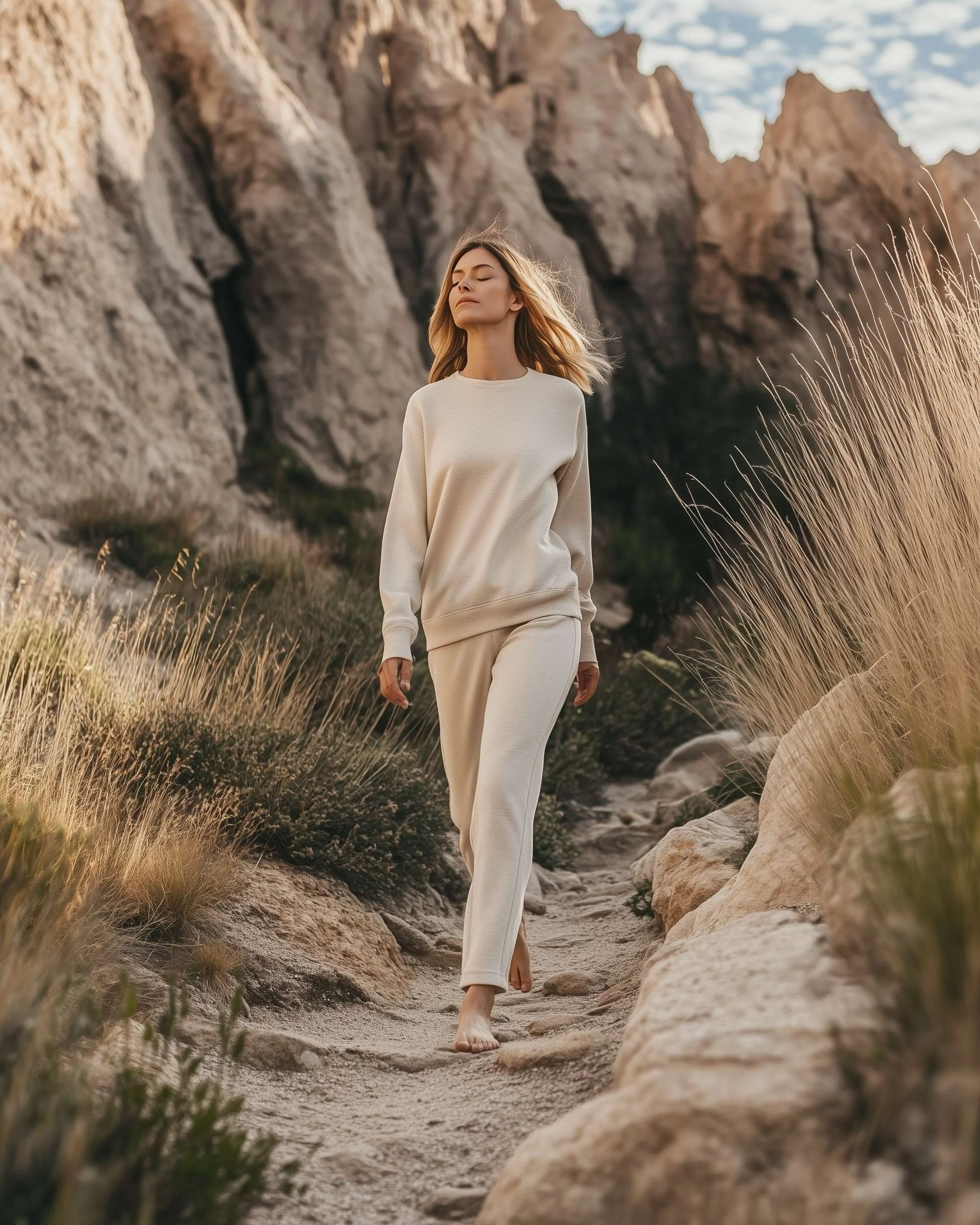 Woman walking barefoot on a rocky nature trail, wearing light neutral clothing, symbolizing calm and embodied presence in somatic trauma therapy in California.