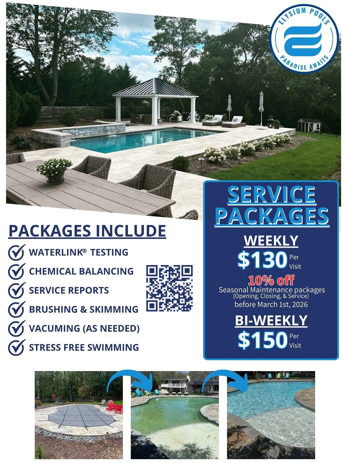 Are you constantly fighting to keep your pool clean? Can&rsquo;t find someone to open or close your pool? Contact @elysiumpools and Let our expert service team take the stress out of owning a pool. With weekly water testing, chemical balancing, and s