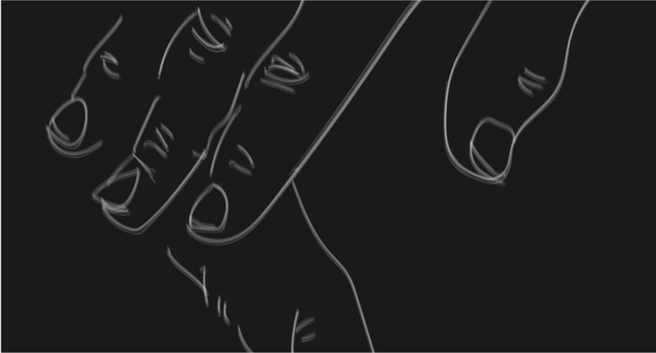 A digital line art illustration of a hand with visible fingernails and some lines indicating finger joints, set against a black background.