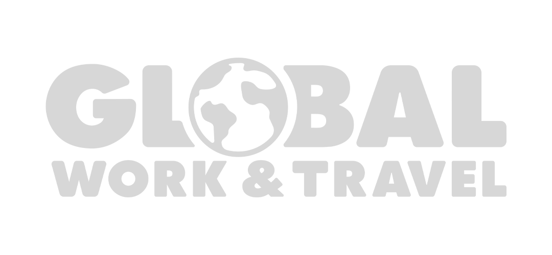 Logo for Global Work & Travel with a globe illustration replacing the letter O in Global