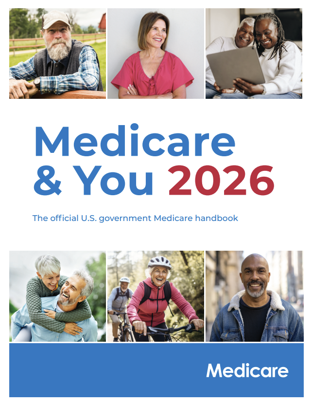 Cover of the Medicare & You 2026 handbook featuring photos of diverse people, including seniors and adults, engaging in various activities like walking, biking, and using a laptop.