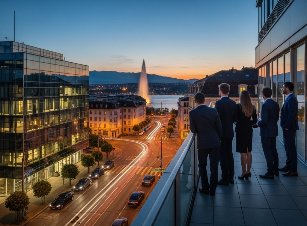 Group of five business professionals on balcony overlooking city street at sunset with water fountain in the background.