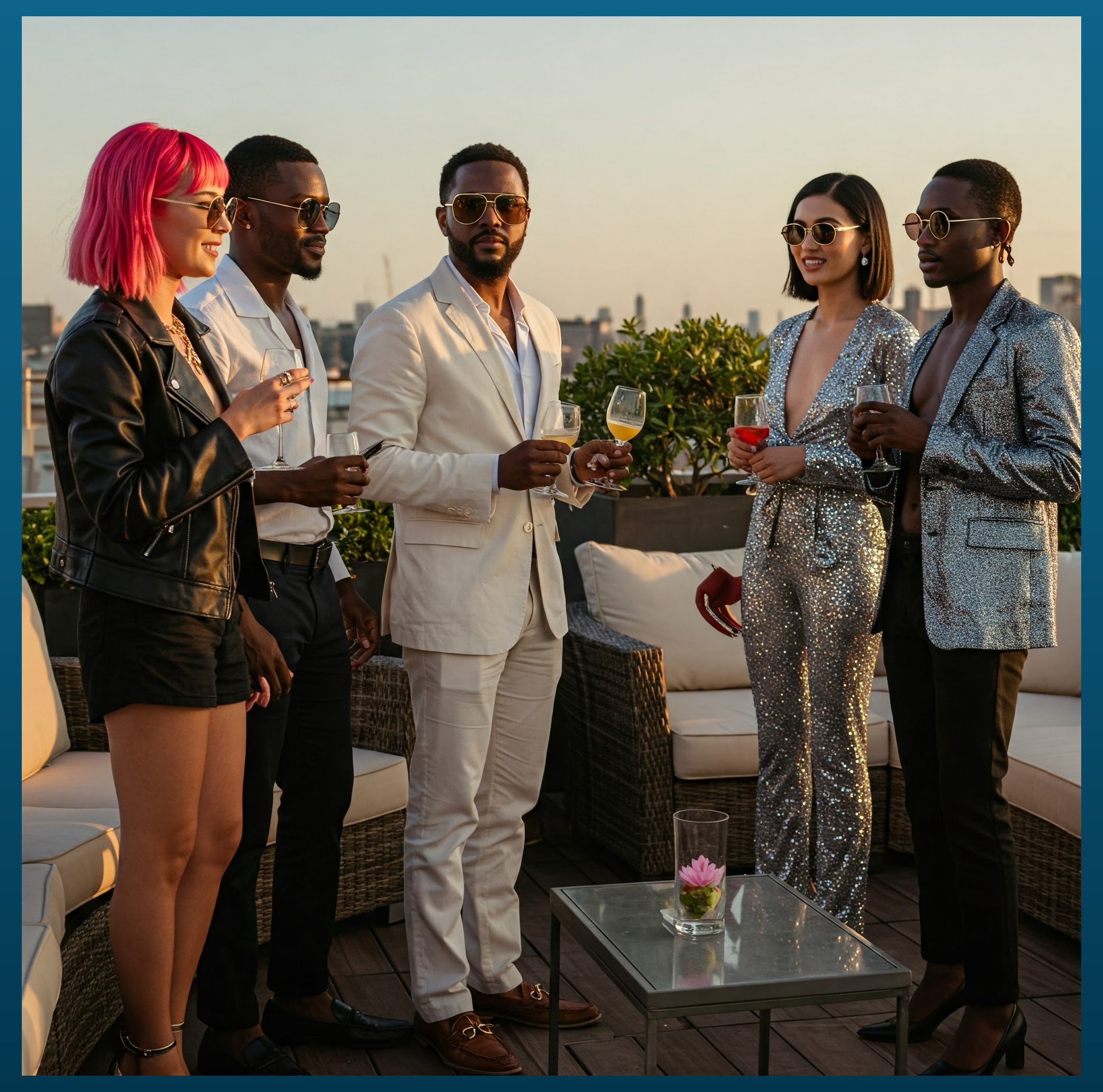A group of six diverse people in stylish evening attire enjoying drinks on a rooftop terrace during sunset.