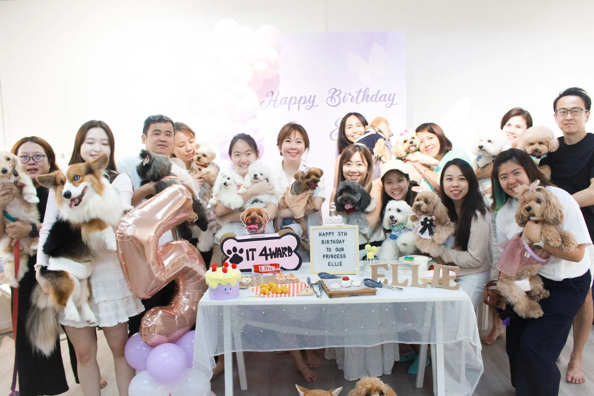 Group of people celebrating a dog's birthday with many dogs, a cake, balloons, and birthday decorations. Everyone is smiling and holding dogs of various breeds.
