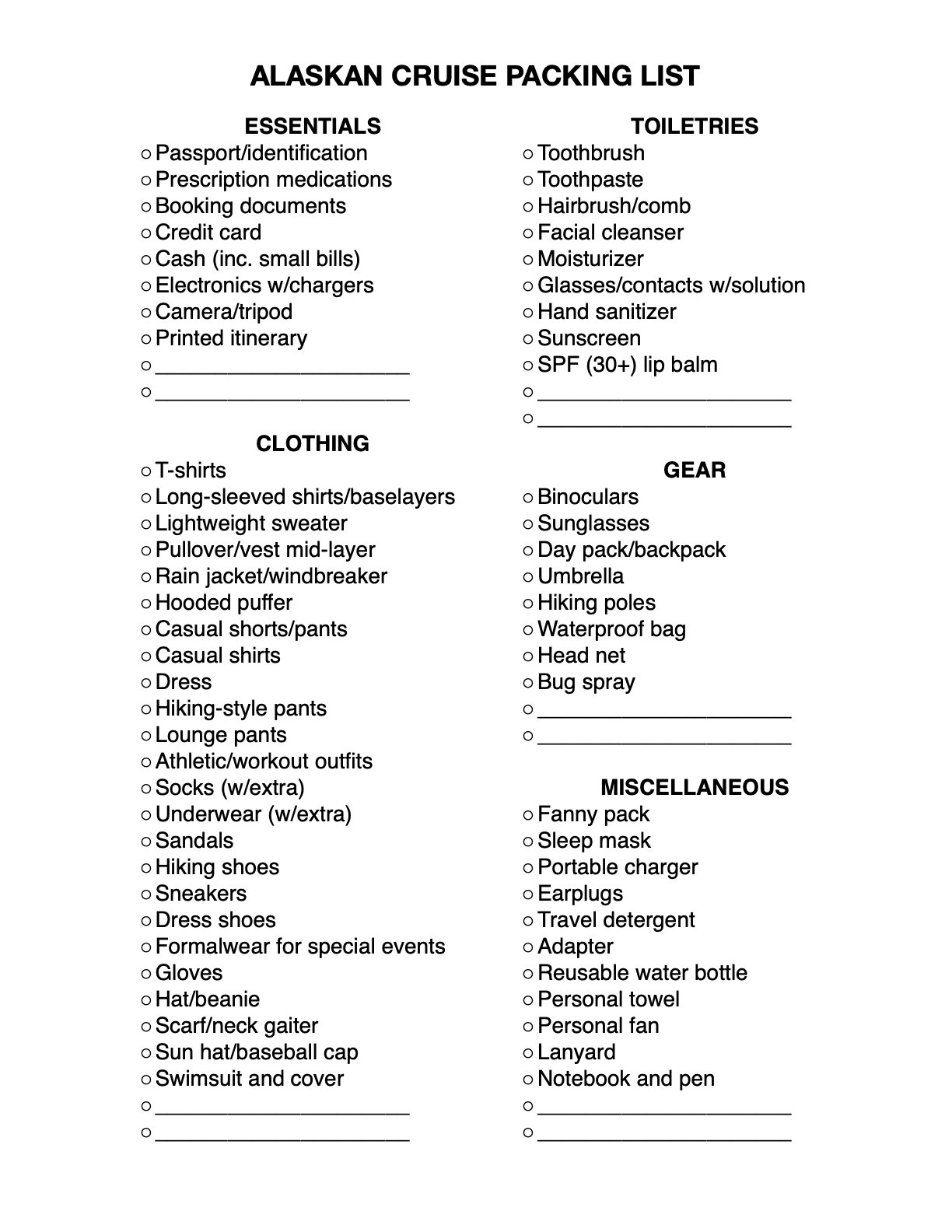 AK Cruise Packing List