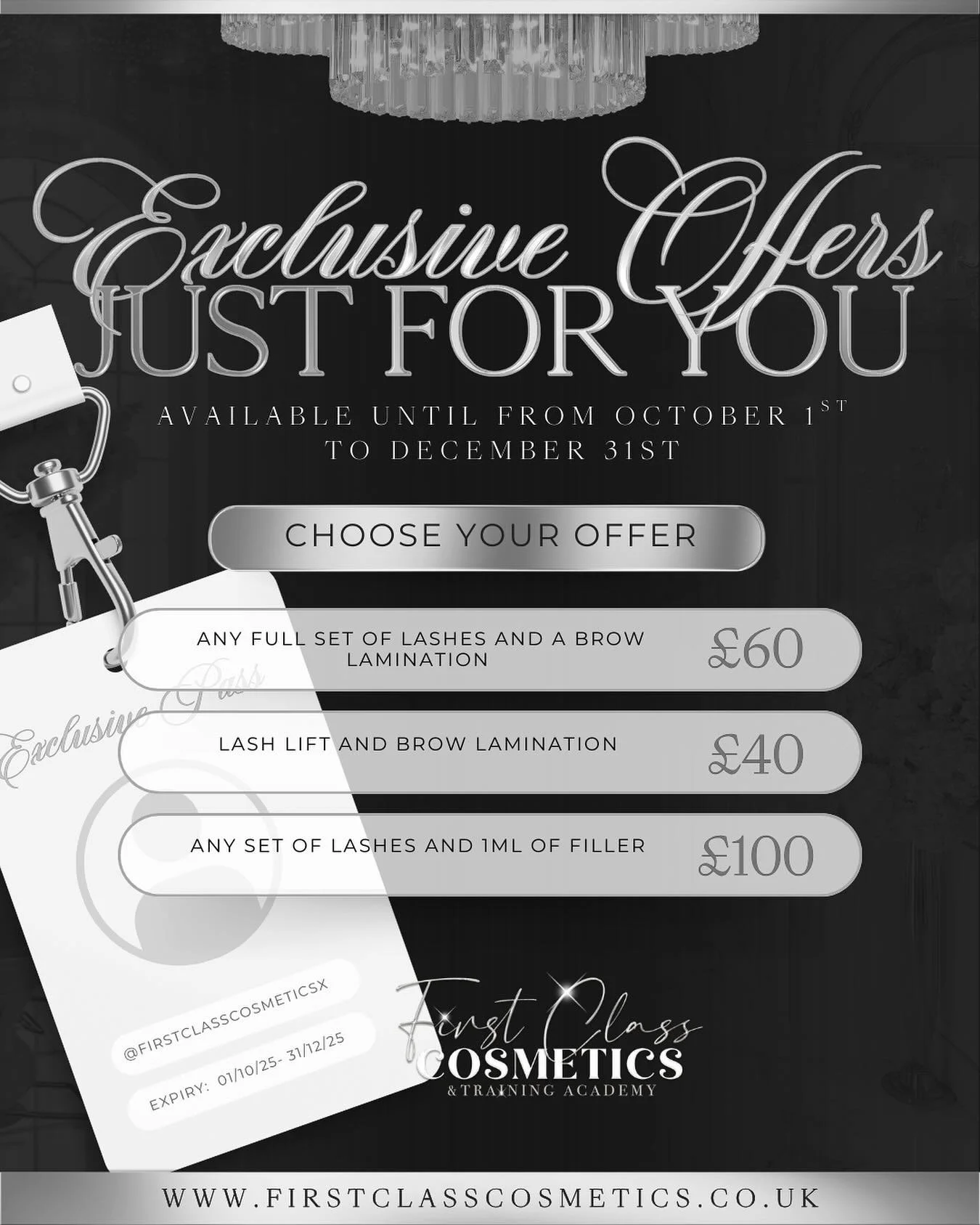 💎 Exclusive Offers, Just for You 💎 Step into the season with a glam upgrade ✨ From October 1st to December 31st, choose from our limited-time luxury packages:

👁️&zwj;🗨️ Full Set of Lashes + Brow Lamination &ndash; &pound;60 🌟 Lash Lift + Brow L