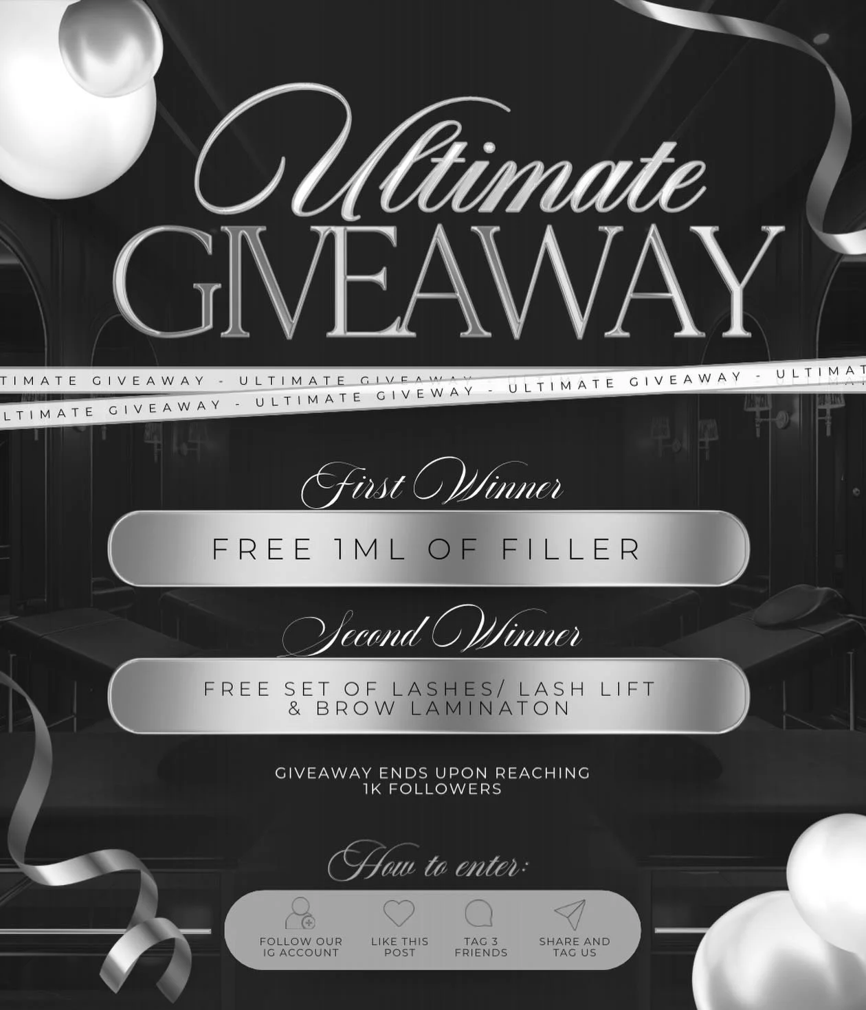 1k GIVEAWAY 🎉

As we are approaching 1000 followers, we have another giveaway🫶🏼

1st prize- 
1ml of filler to be used in any area 💉
(Alternative prizes available) 

2nd prize-
Any set of lashes/Lash lift &amp;Brow Lamination 👀

All you have to d