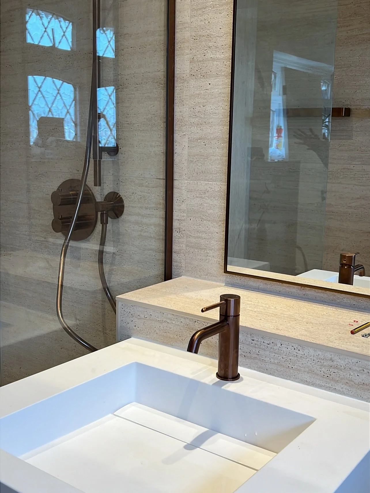 Our Newest Finish is this Stunning Spa Like Bathroom!!
-
Brushed copper fixtures are wrapped in three stunning natural stones from wall to floor, every corner feels calm, grounded, and luxurious. A retreat you&rsquo;ll never want to leave. 🤍🛁🌿
-
C