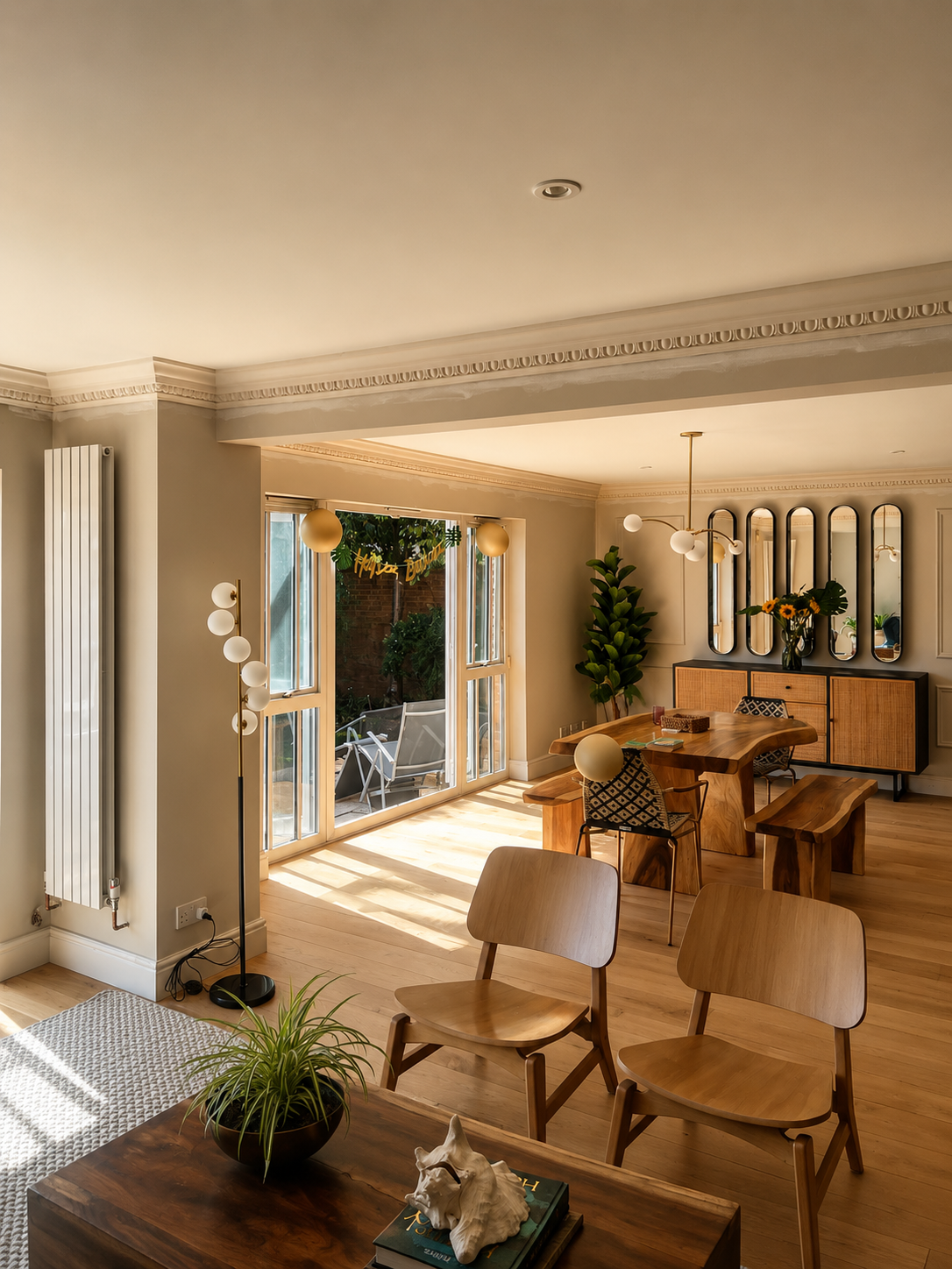 Bright living and dining room with wooden furniture, modern lighting, and sliding glass door leading to outdoor patio with chairs and greenery.