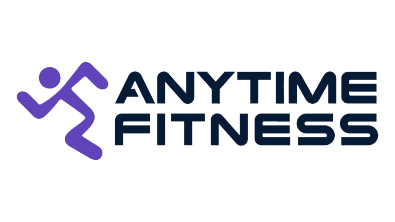 Logo for Anytime Fitness featuring a purple running figure and bold black text.