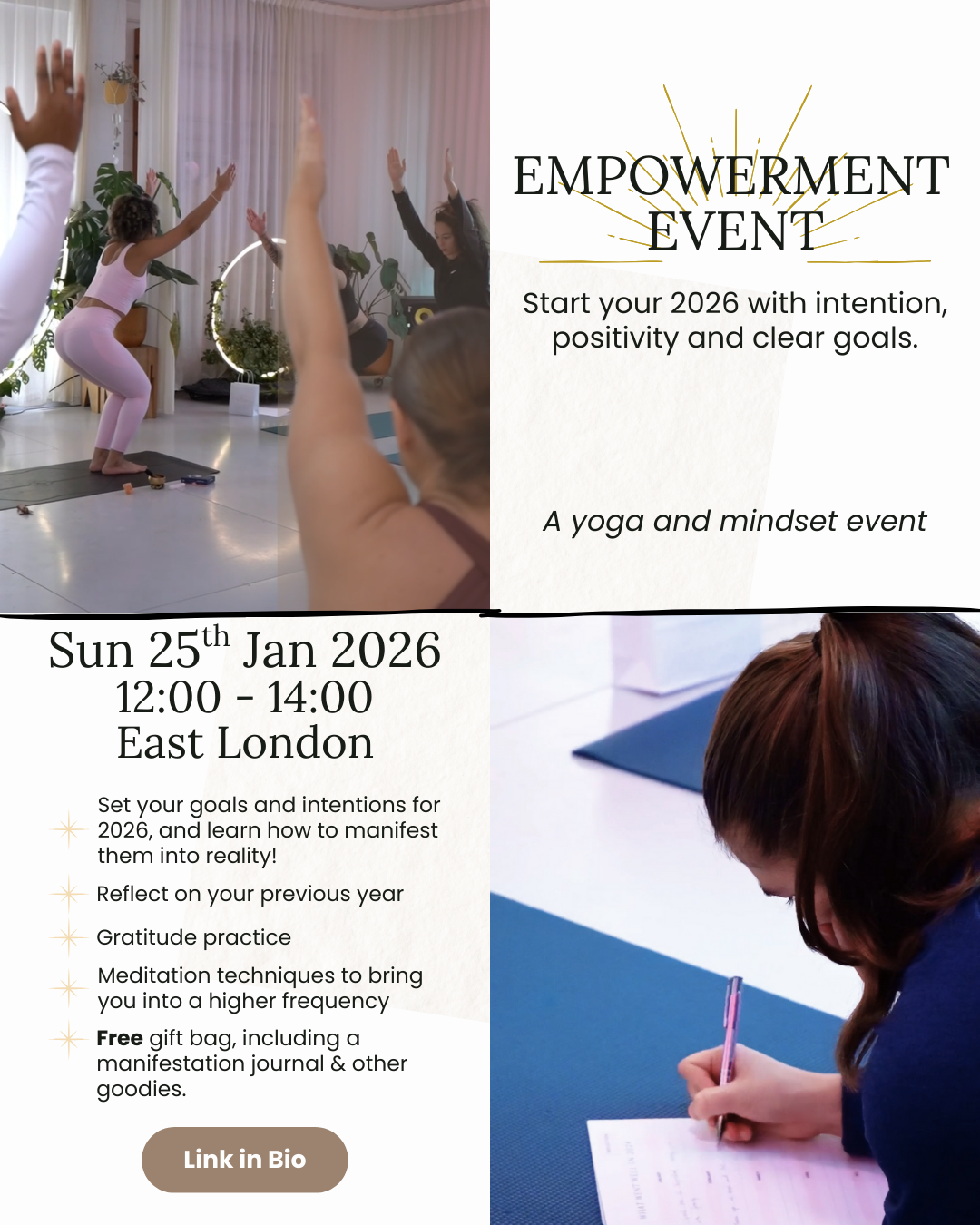 Promotional flyer for an empowerment event featuring a yoga class, with details about the date, time, location, and activities such as goal setting, reflection, gratitude practice, and meditation techniques.