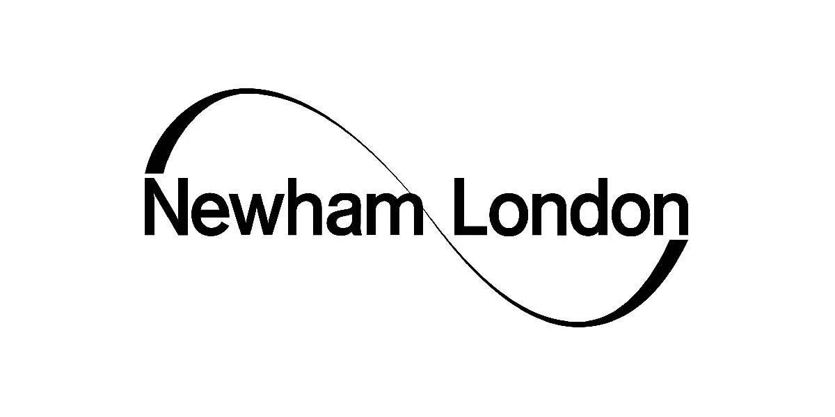 Logo featuring the words "Newham London" with an abstract wave-like black line crossing the text.