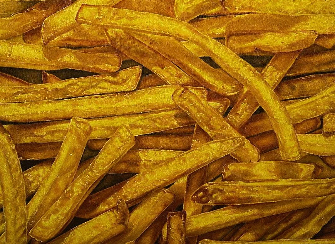 quadro patatine fritte olio e sabbia su tela