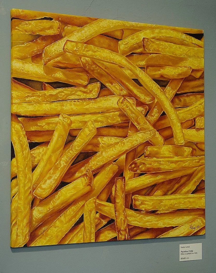 quadro patatine fritte olio e sabbia su tela