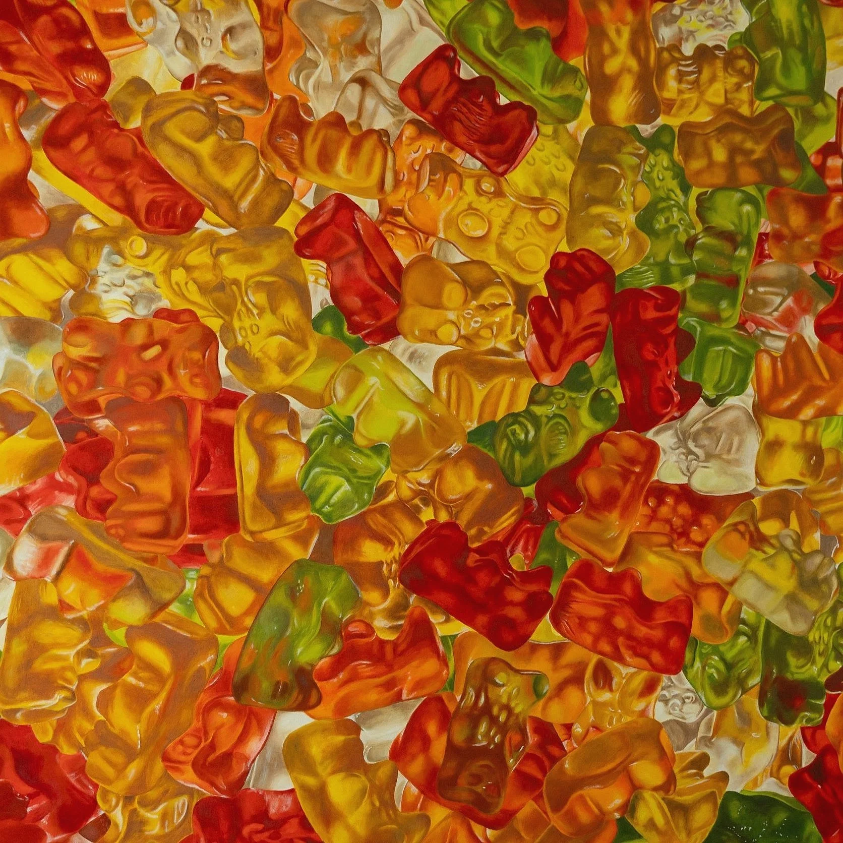Un mosaico di caramelle gummy di vari colori e forme.