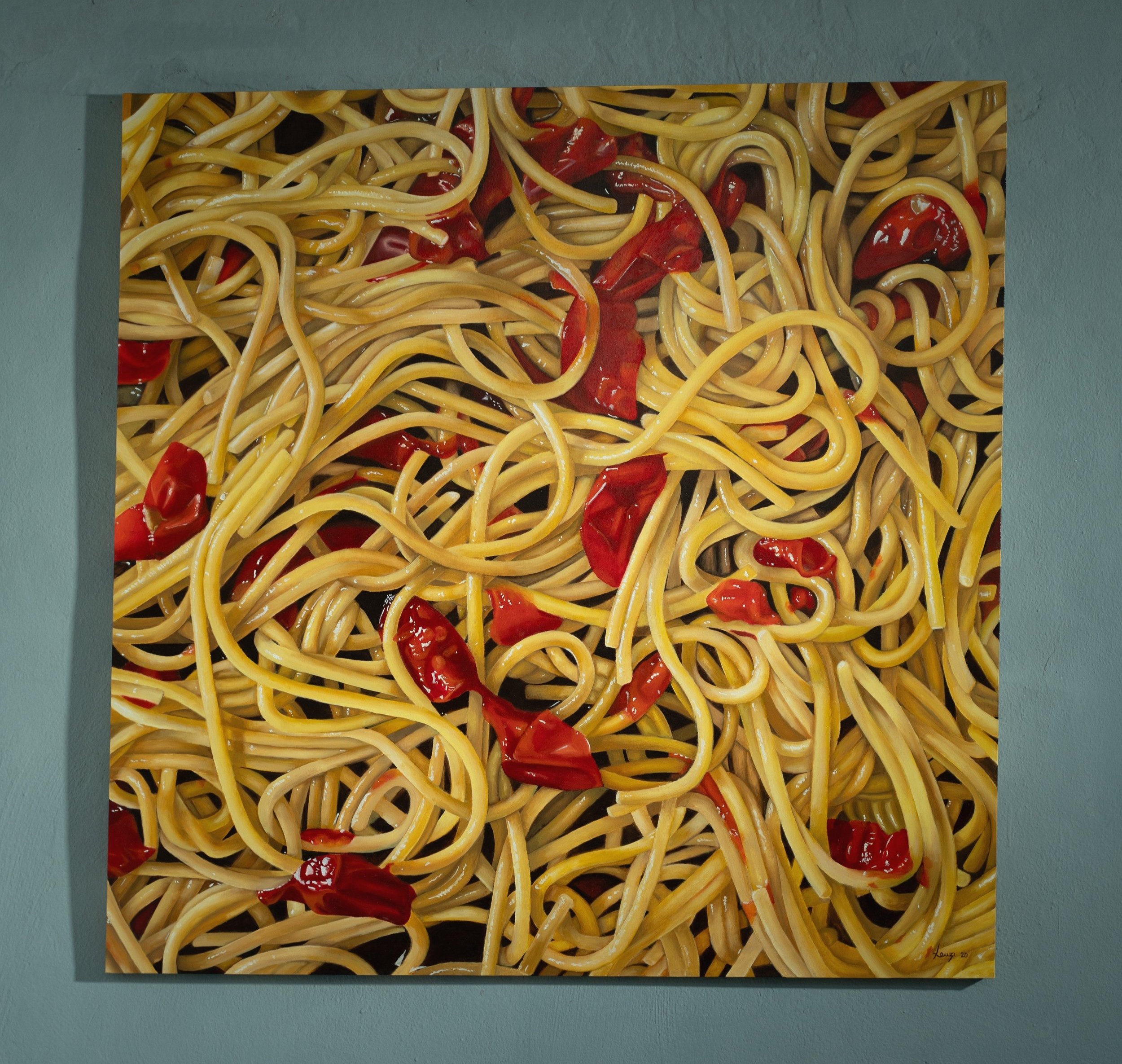 quadro di spaghetti al pomodoro olio su tela