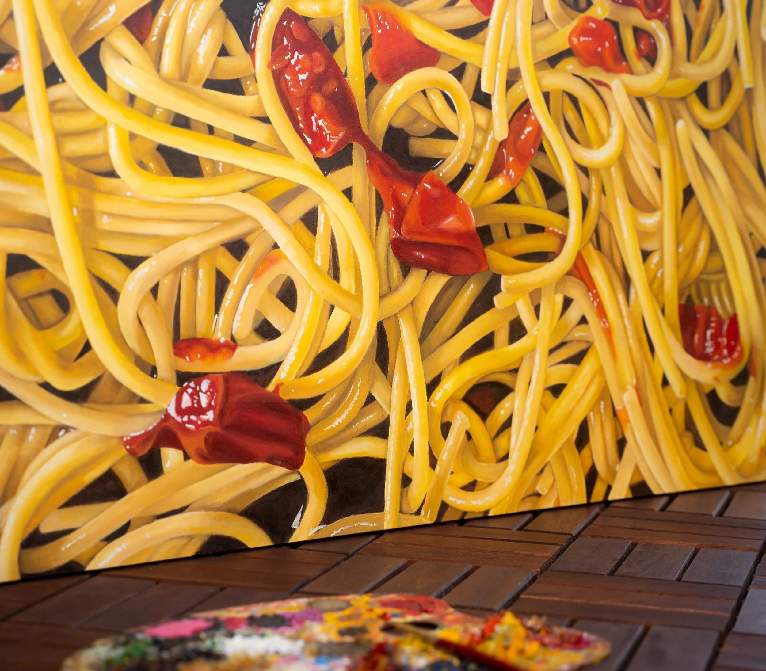 quadro di spaghetti al pomodoro olio su tela