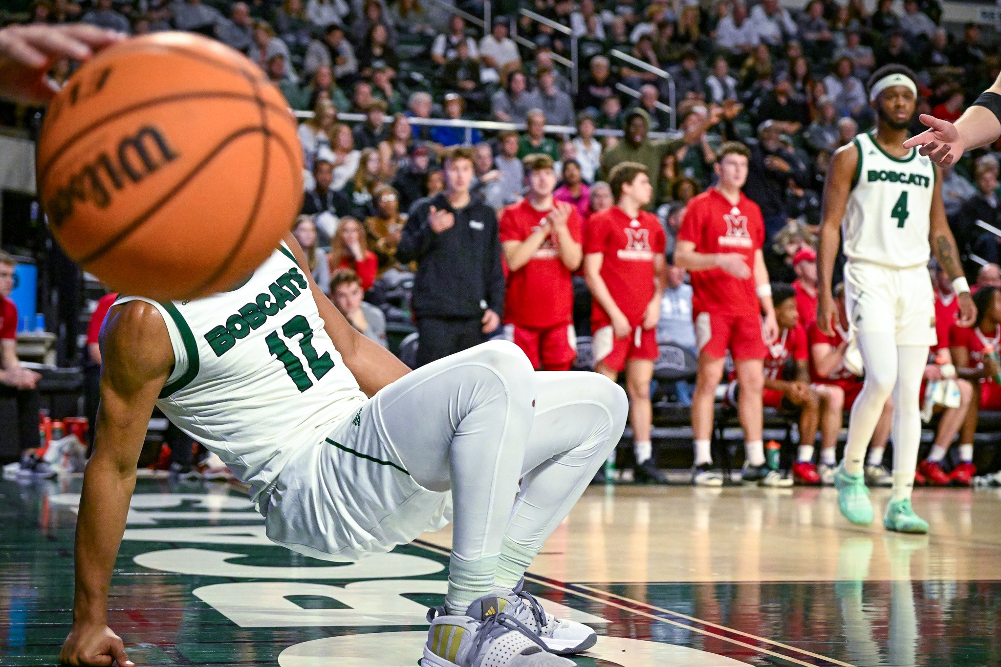 Jaylin Hunter falls out-of-bounds during the Ohio University vs. Miami Redhawks Basketball Game, February 3, 2024.