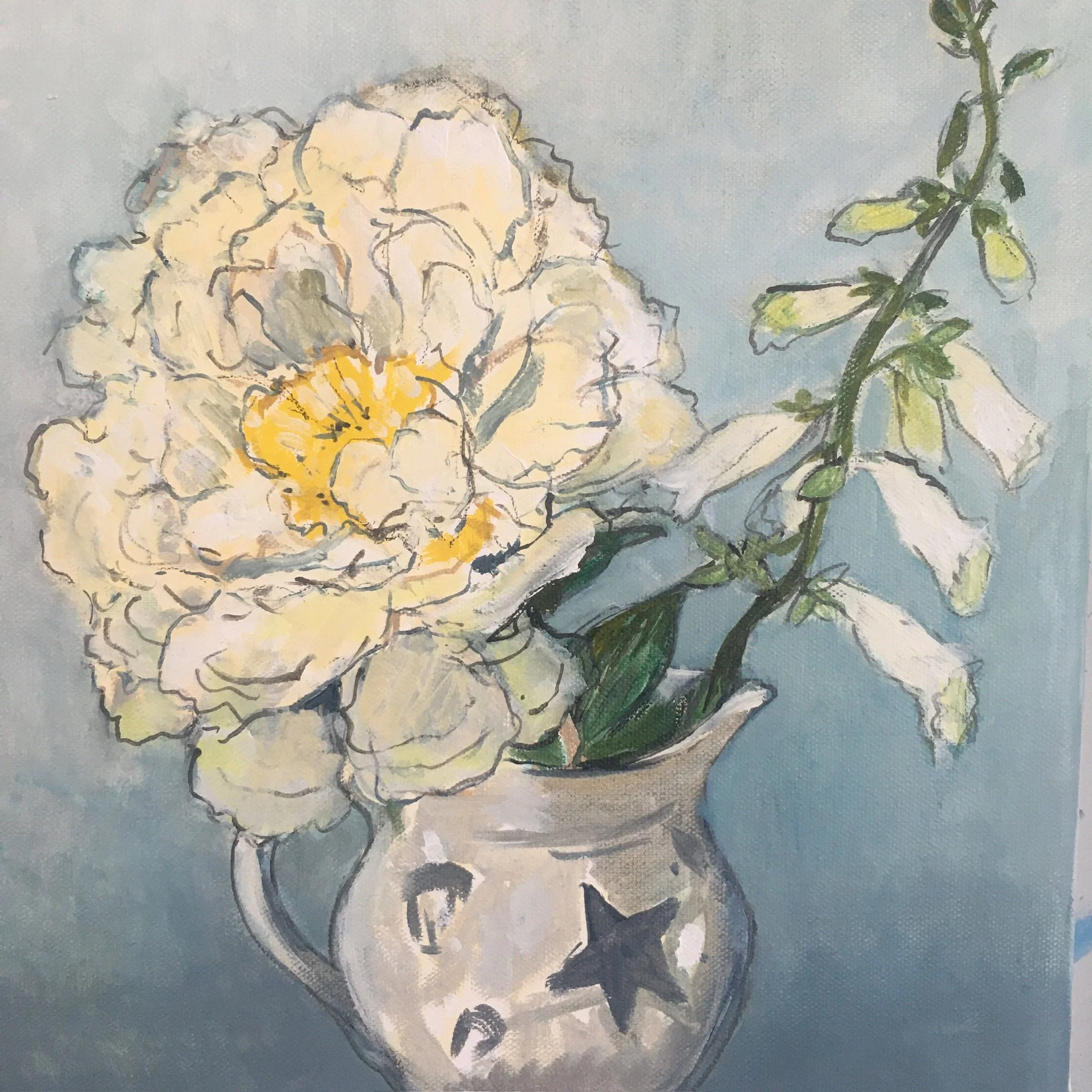 Peony and Foxglove, 20cm x 20cm, Oil on Canvas