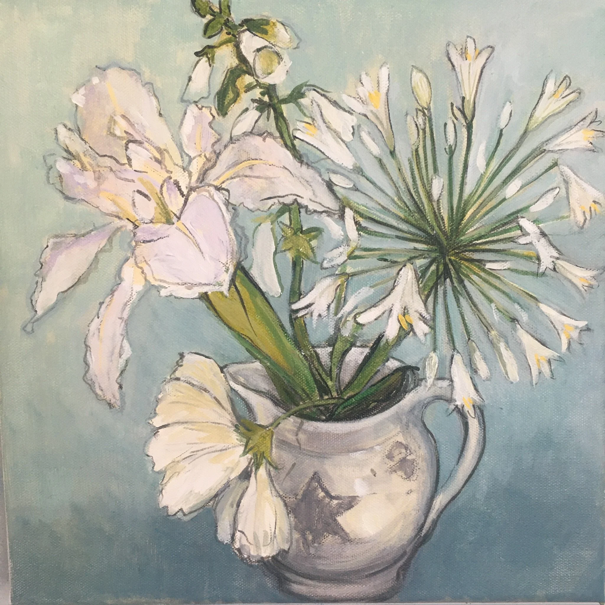 Iris and Agapanthas, 20 x 20cm, Oil on Canvas