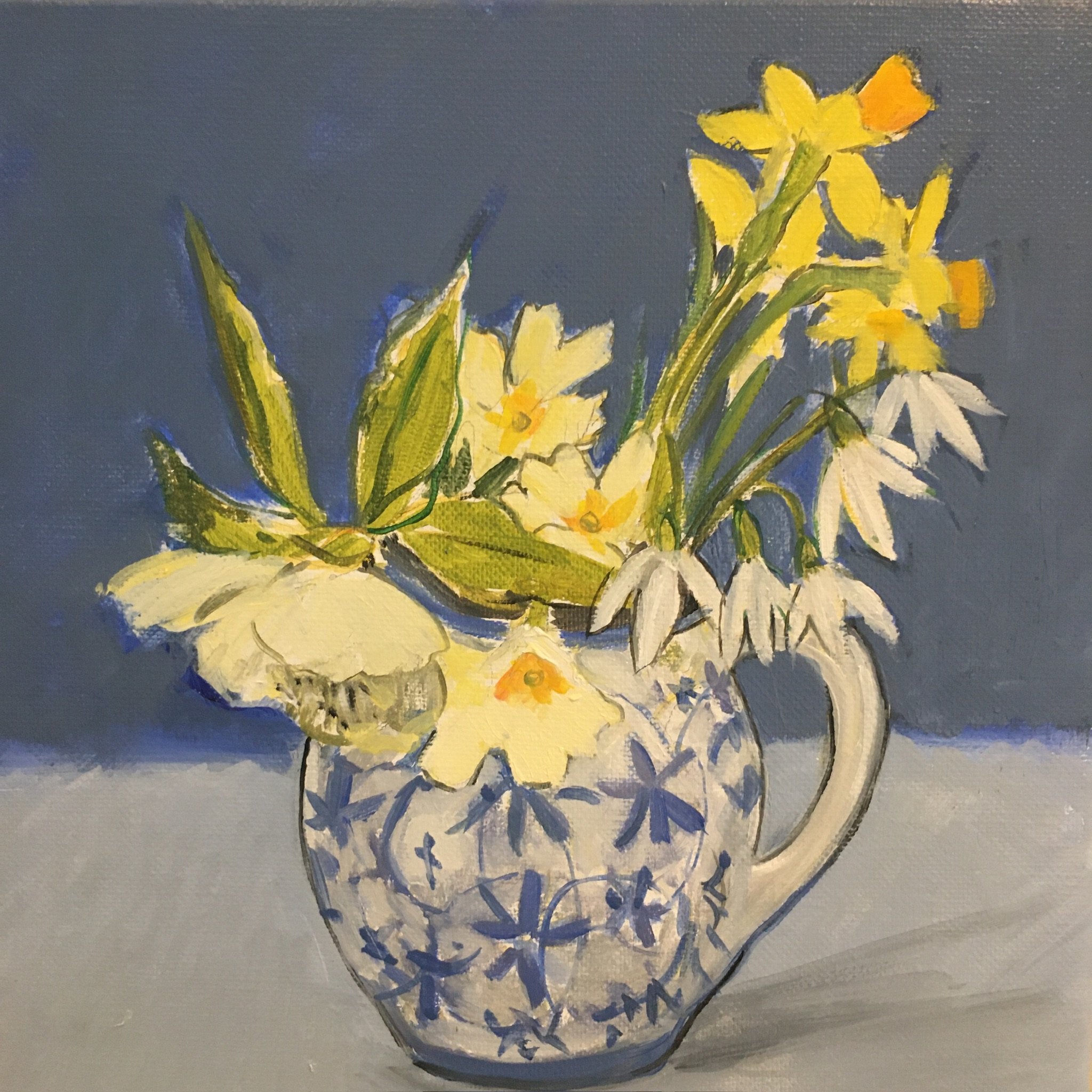 Primroses and Daffodils, 20 x 20cm, Oil on Canvas