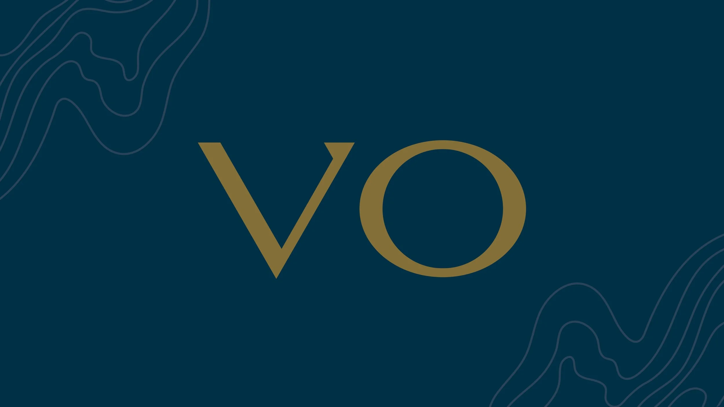 Dark teal background with beige and navy topographic lines and the text 'VO' in large gold letters