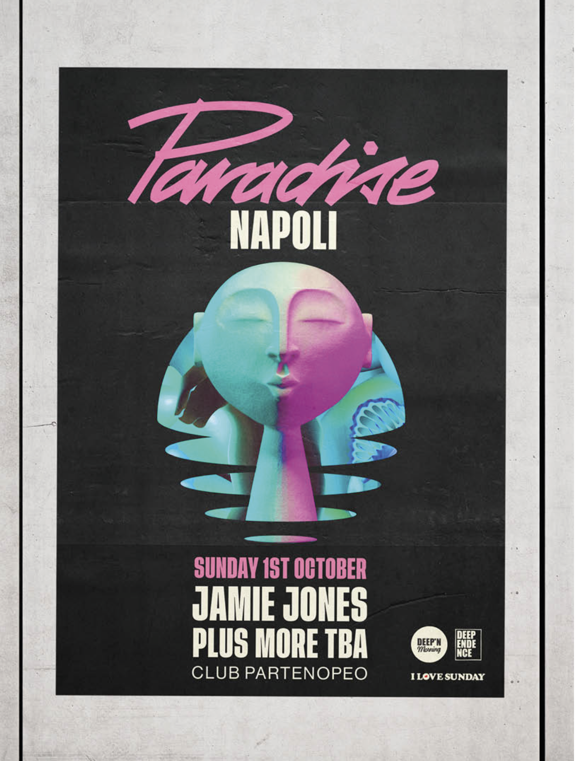 Billboard promoting Jamie Jones presents Paradise Napoli, featuring a colorful graphic design on a sleek black background for the upcoming electronic music event.