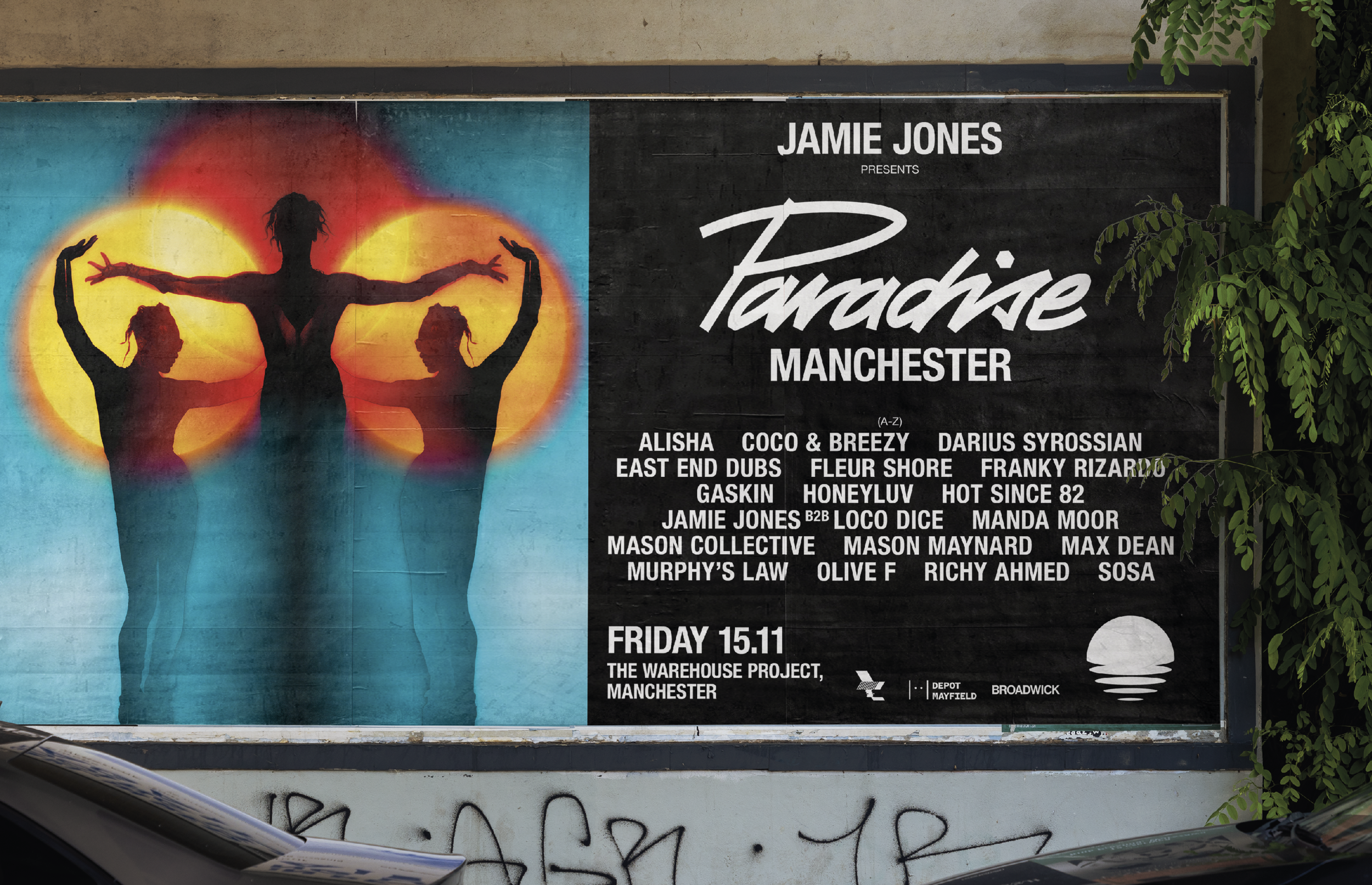 Large billboard in Manchester city advertising Jamie Jones presents Paradise, featuring a scenic background image and complete A-to-Z DJ lineup for the Ibiza club night.