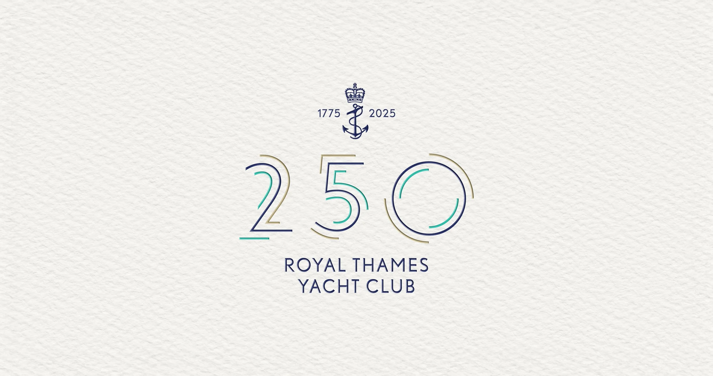 Logo celebrating the 250th anniversary of the Royal Thames Yacht Club, featuring the years 1775 and 2025, a crown, a nautical anchor, and stylized text.