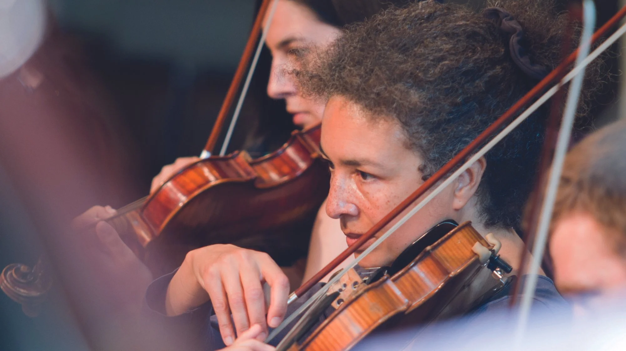 Close-up of a musician playing a violin in an orchestra, with another musician softly blurred in the background for depth.