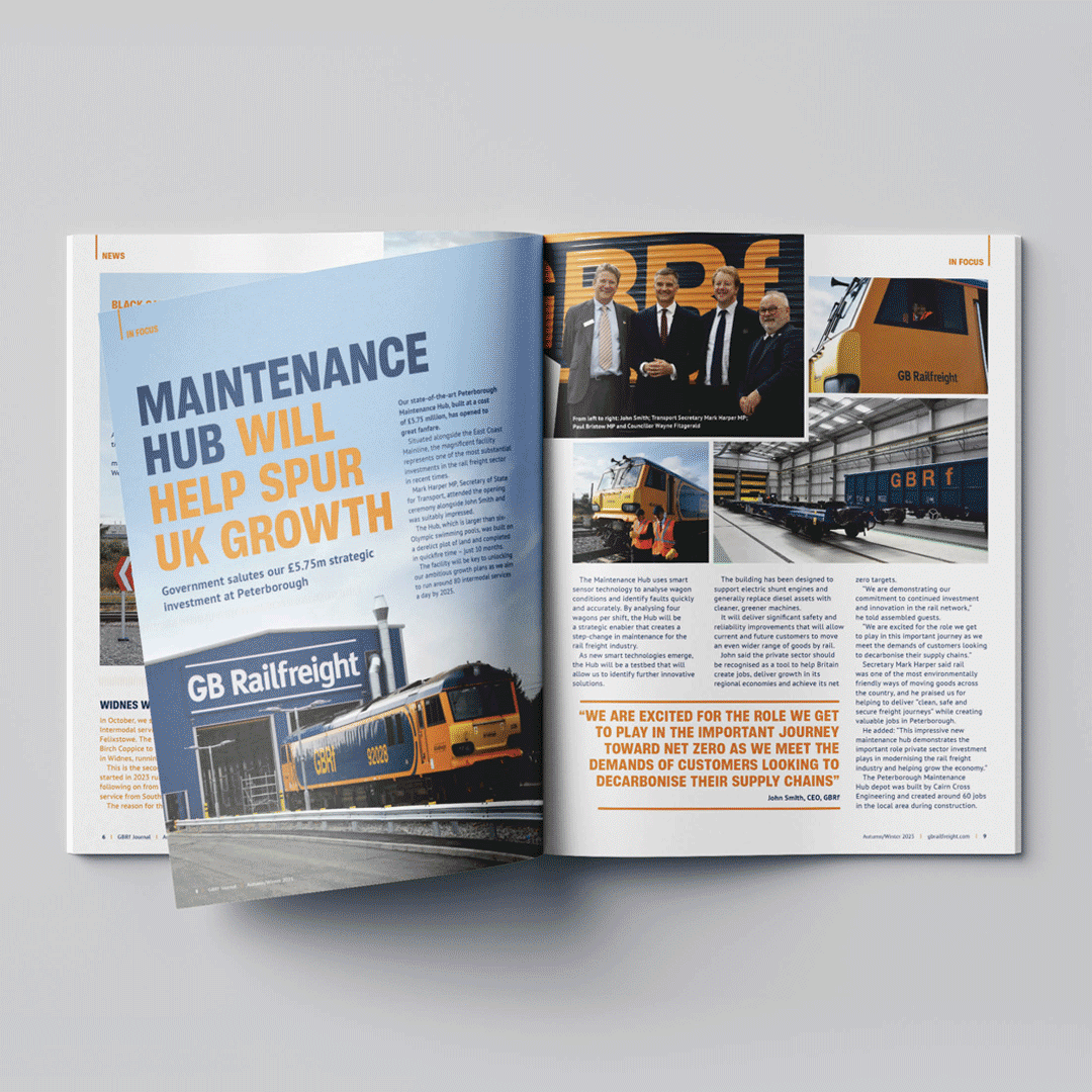 Animated GIF showcasing the GB Railfreight Journal, featuring a smooth rolling display of its pages with modern design, industry insights, and branded content.