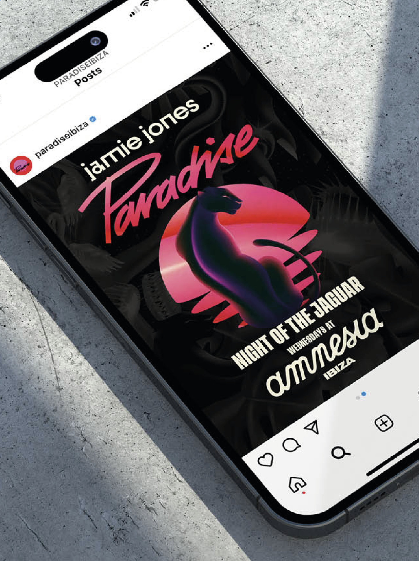 Promotional graphic for Jamie Jones’ Paradise Ibiza club night launch at Amnesia, featuring vibrant tropical design elements, bold typography, and iconic Ibiza nightlife branding.