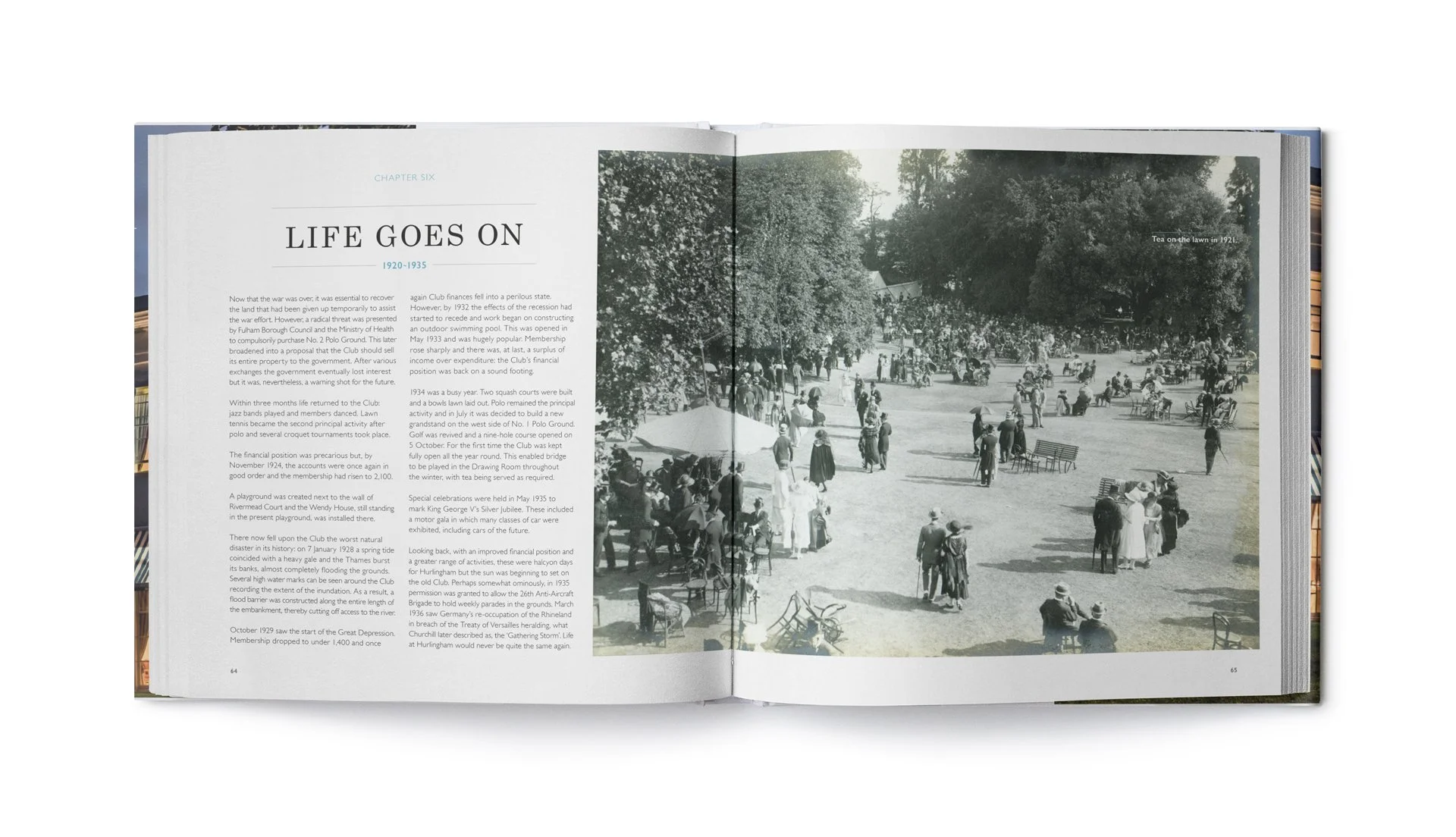 An open 150th celebration book for The Hurlingham Club, showing a black and white photo of the grounds from 1920–1935 with the heading “Life goes on.”