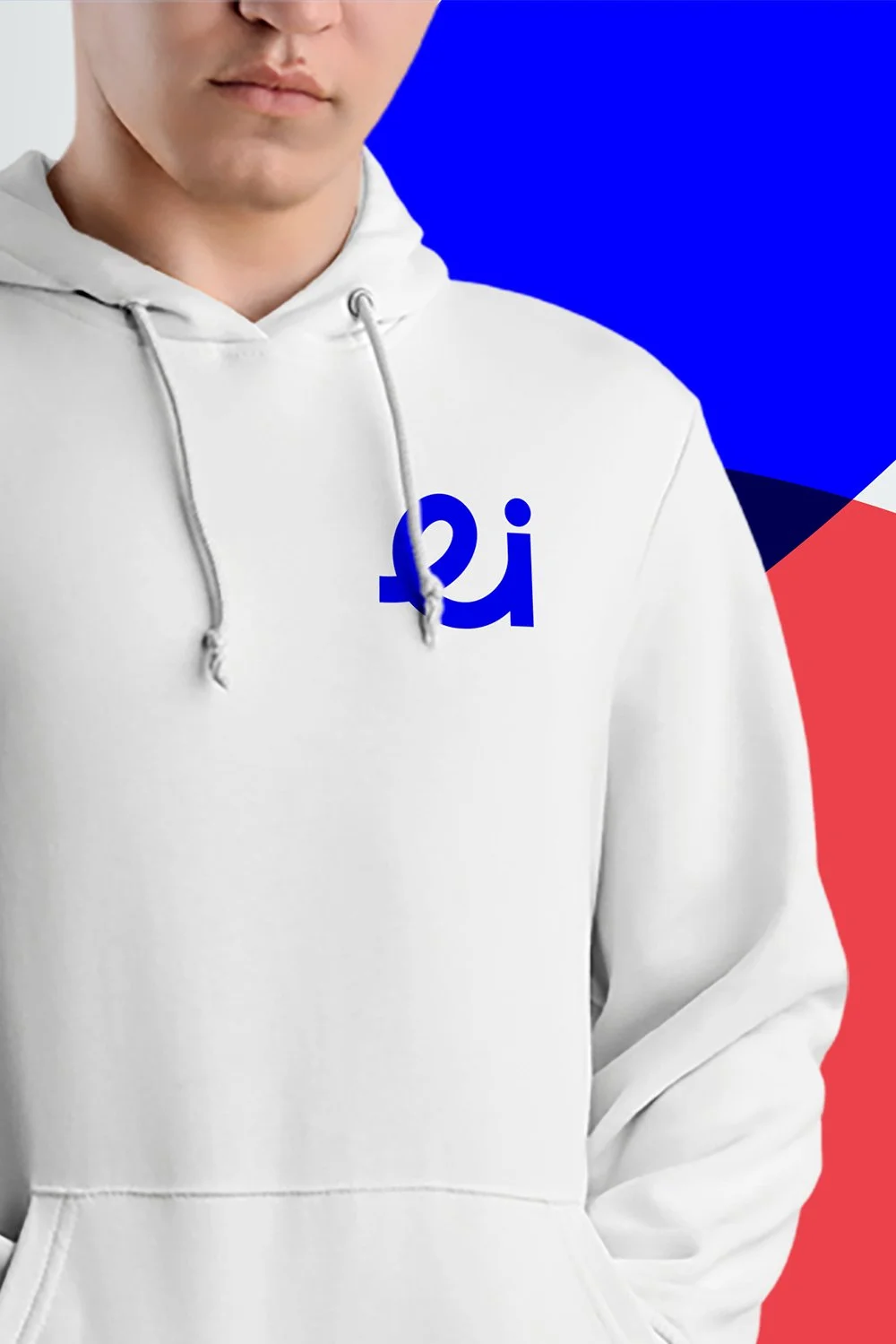 A man wearing a white einnovate hoodie, featuring the bright blue ‘ei’ logo on the left chest corner.