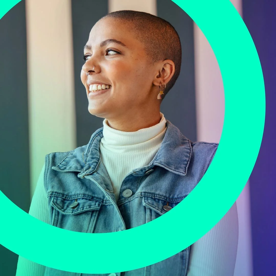 Example social media graphic featuring a woman positioned inside the circular CoCubed logo.