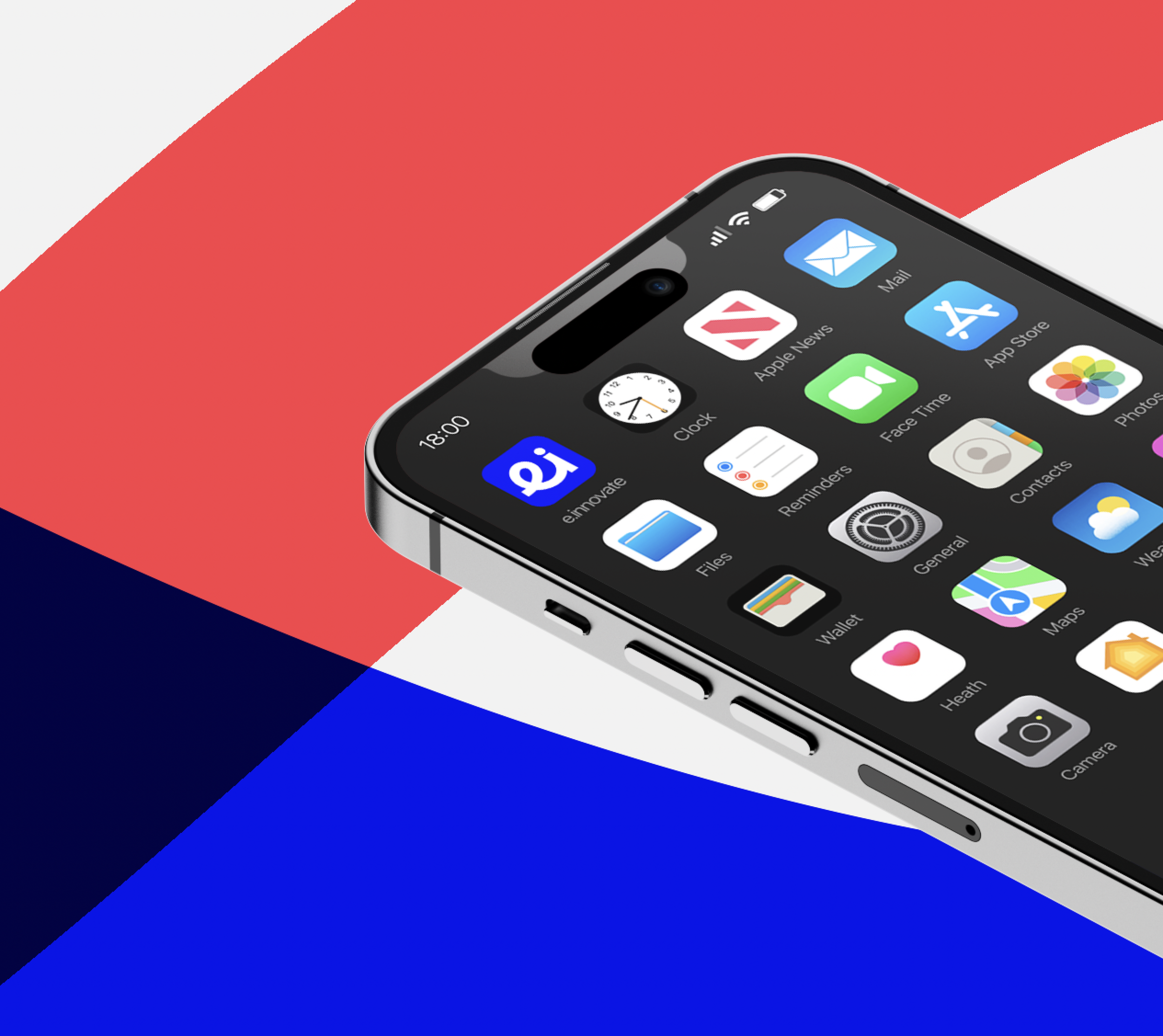 A mock-up of an iPhone displaying the einnovate app interface on its screen.