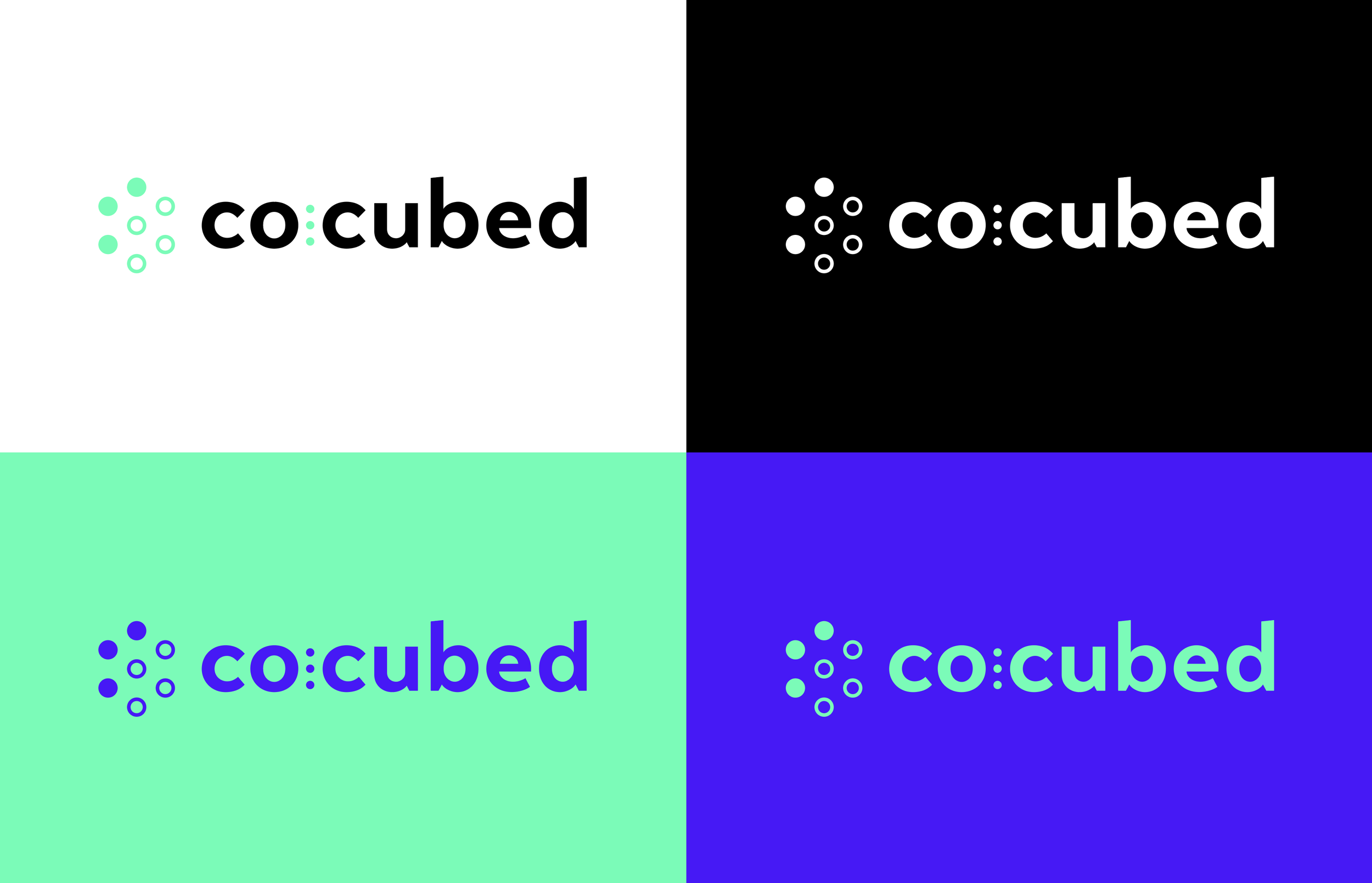 Four CoCubed logos displayed in white, black, green, and blue on a colorful background.